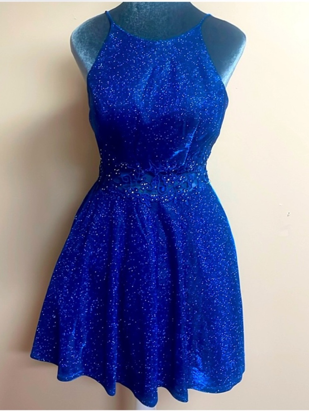 City Vibe 5 Royal Blue Glitter Floral Mesh Waist Homecoming Formal Mini Dress